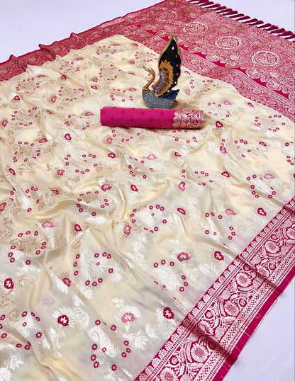 Mameraa Sarees White Soft Silk Blend Saree With Zari Weaving Meenakari Design-White