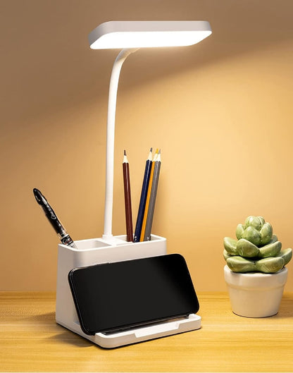 LED Study Table Lamp with 3 Color Modes, Plastic, White, Rechargeable, Adjustable Neck