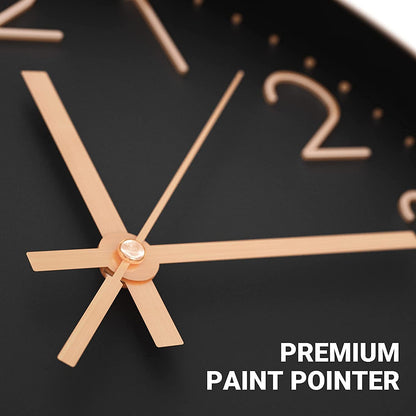 12 Inch Silent Analog Wall Clock in Black and Rose Gold - Modern Plastic Design