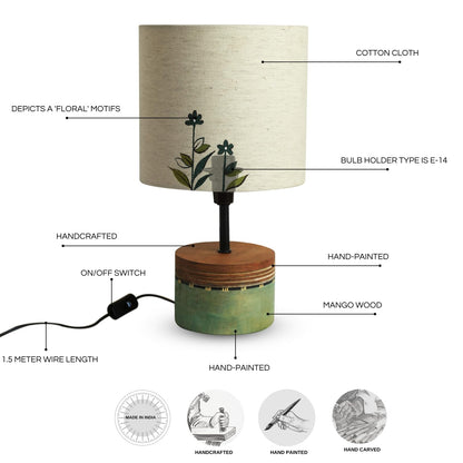 LED Table Lamp with Hand-Painted Floral Design, Mango Wood Base, Off-White Shade, 12 Inches