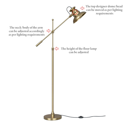 LED Floor Lamp with Adjustable Height and Rotatable Arm in Brass Antique Finish