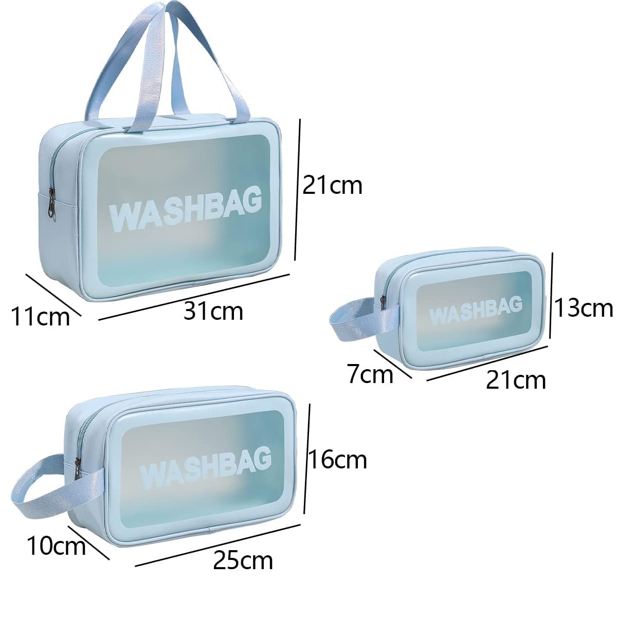Sky Blue Translucent Waterproof Travel Wash Bag Set of 3