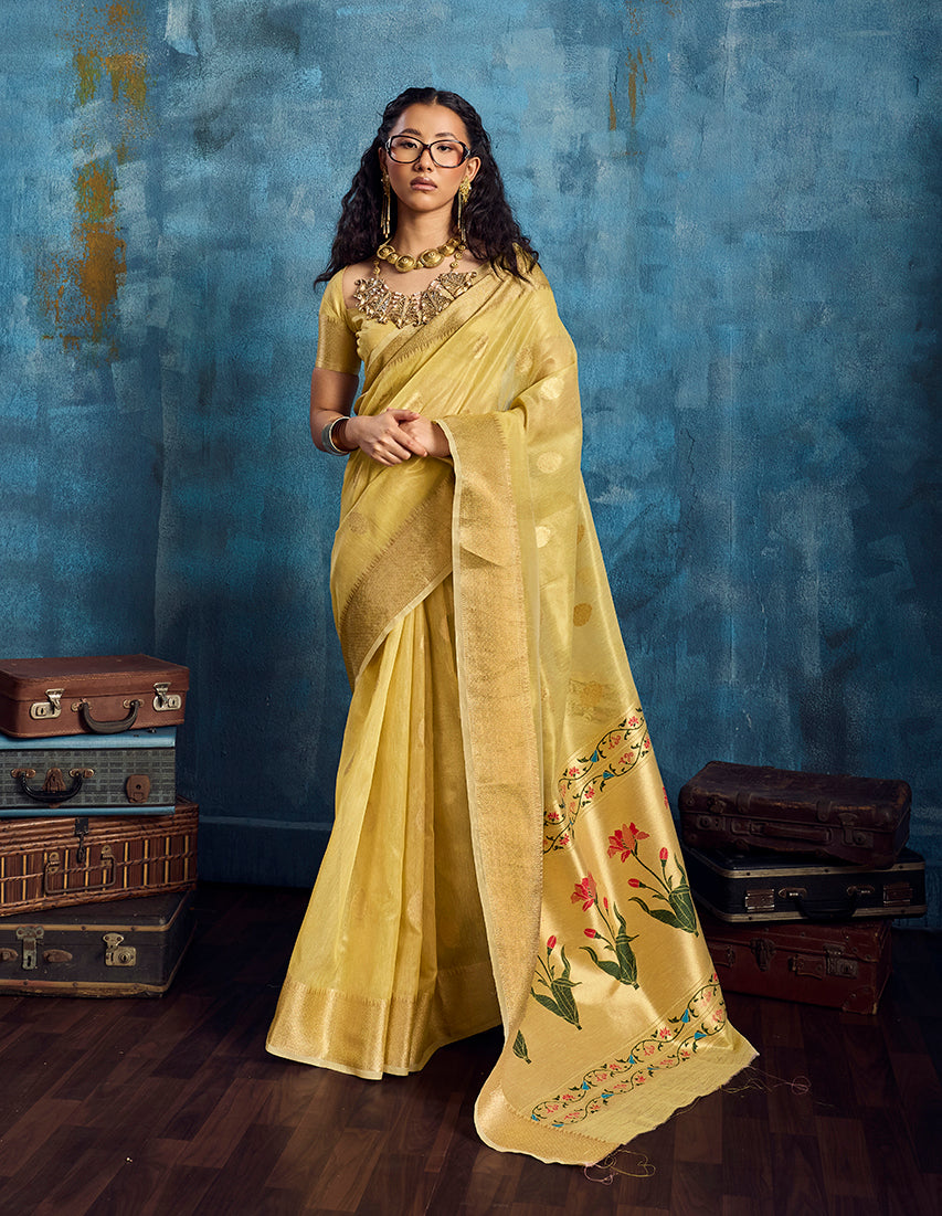 Monjolika Fashion Mustard Paithani Tissue Handloom Weaving Saree
