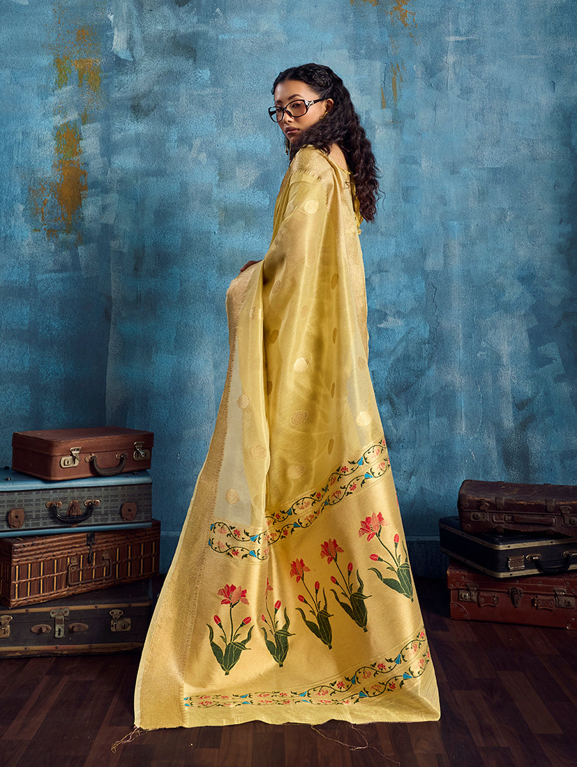Monjolika Fashion Mustard Paithani Tissue Handloom Weaving Saree