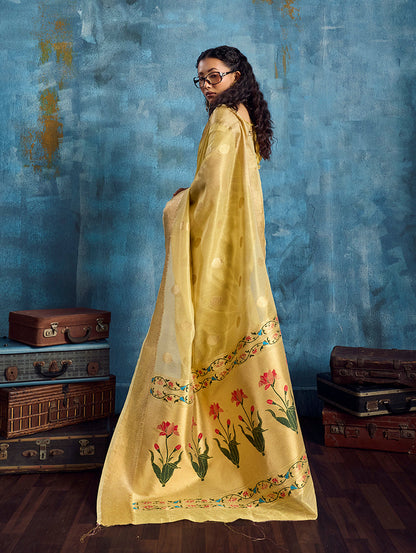Monjolika Fashion Mustard Paithani Tissue Handloom Weaving Saree