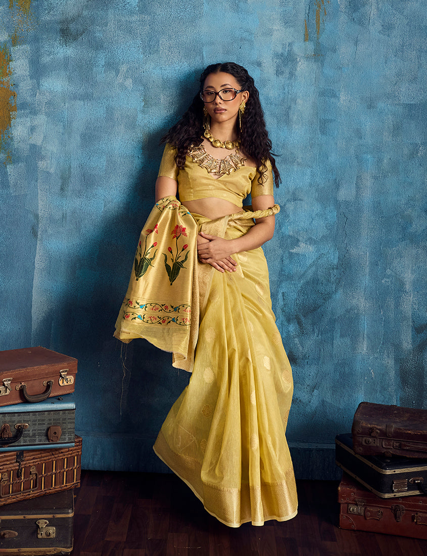 Monjolika Fashion Mustard Paithani Tissue Handloom Weaving Saree