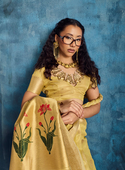 Monjolika Fashion Mustard Paithani Tissue Handloom Weaving Saree