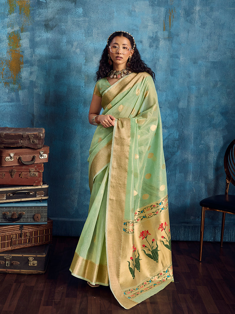 Monjolika Fashion Pastel Green Paithani Tissue Handloom Weaving Saree