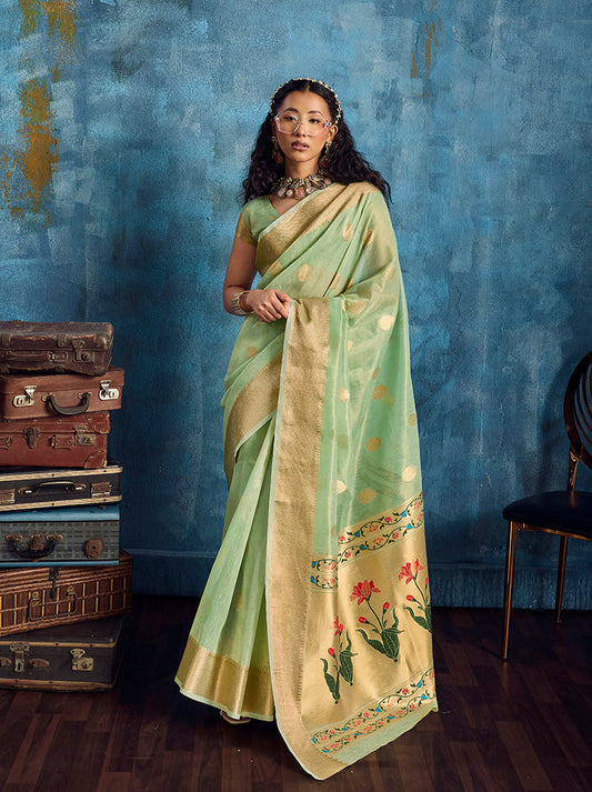 Monjolika Fashion Pastel Green Paithani Tissue Handloom Weaving Saree
