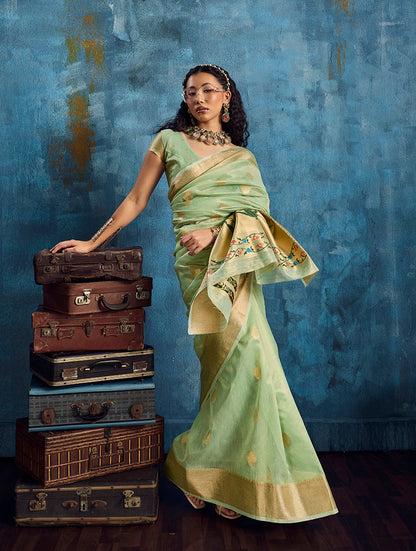 Monjolika Fashion Pastel Green Paithani Tissue Handloom Weaving Saree