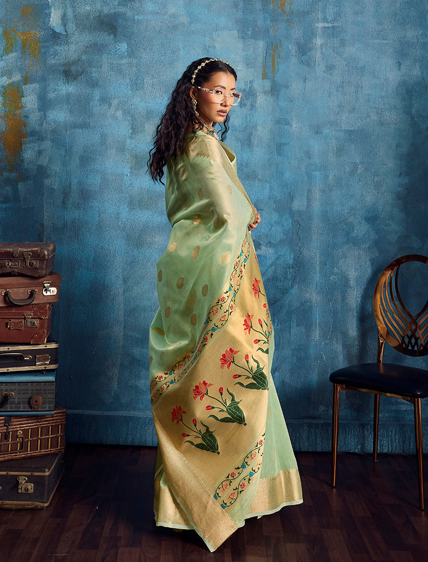 Monjolika Fashion Pastel Green Paithani Tissue Handloom Weaving Saree