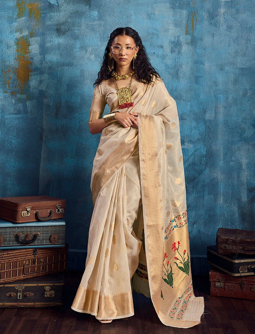 Monjolika Fashion Off White Paithani Tissue Handloom Weaving Saree
