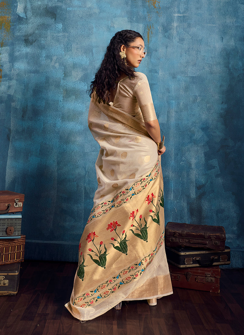 Monjolika Fashion Off White Paithani Tissue Handloom Weaving Saree