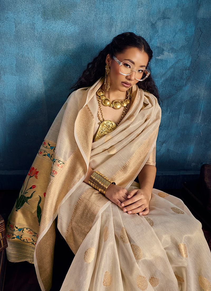 Monjolika Fashion Off White Paithani Tissue Handloom Weaving Saree