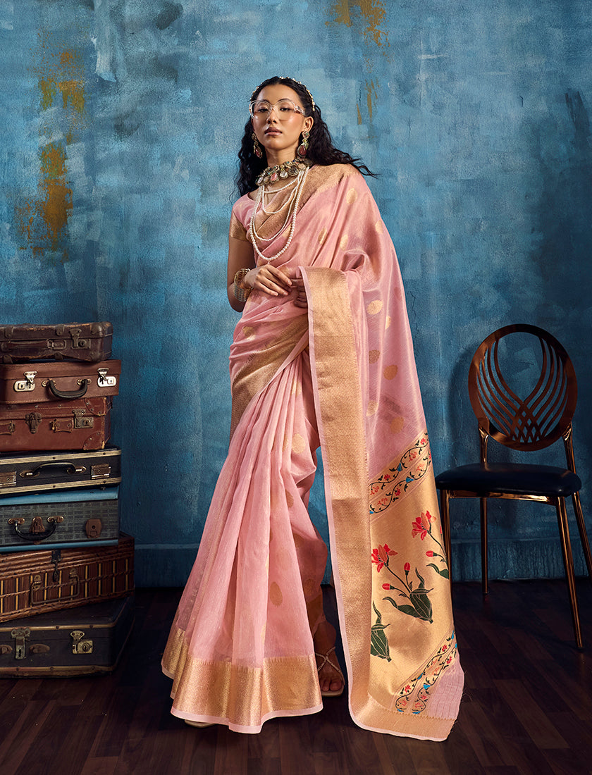 Monjolika Fashion Pink Paithani Tissue Handloom Weaving Saree
