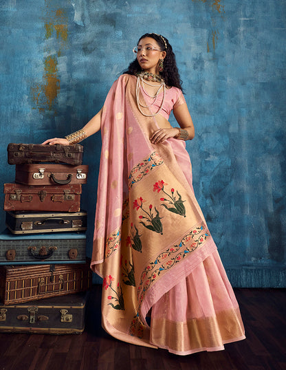 Monjolika Fashion Pink Paithani Tissue Handloom Weaving Saree