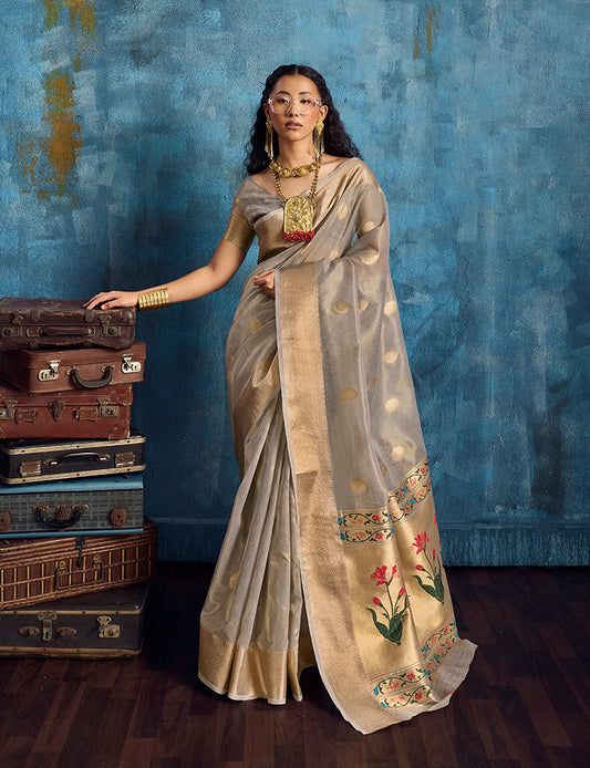Monjolika Fashion Grey Paithani Tissue Handloom Weaving Saree