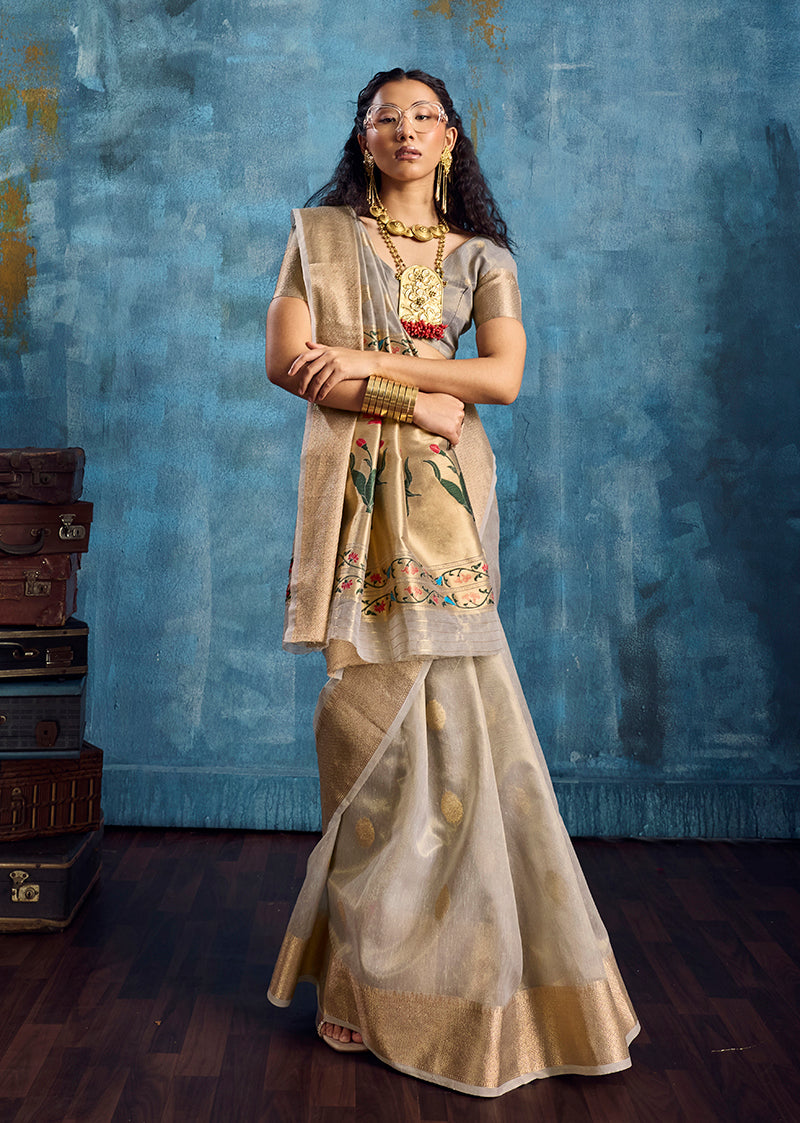 Monjolika Fashion Grey Paithani Tissue Handloom Weaving Saree