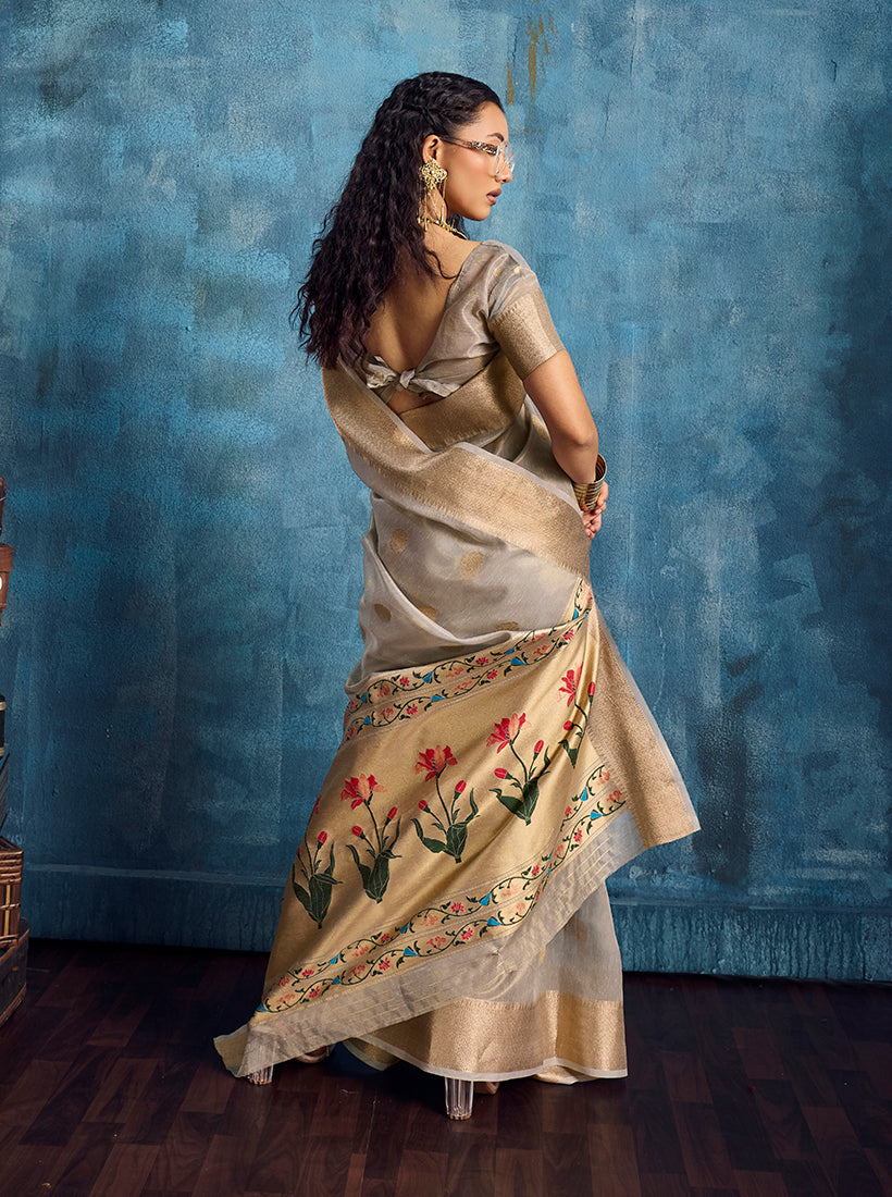 Monjolika Fashion Grey Paithani Tissue Handloom Weaving Saree
