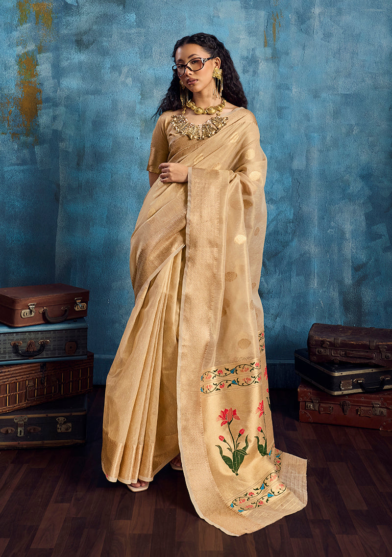 Monjolika Fashion Beige Paithani Tissue Handloom Weaving Saree