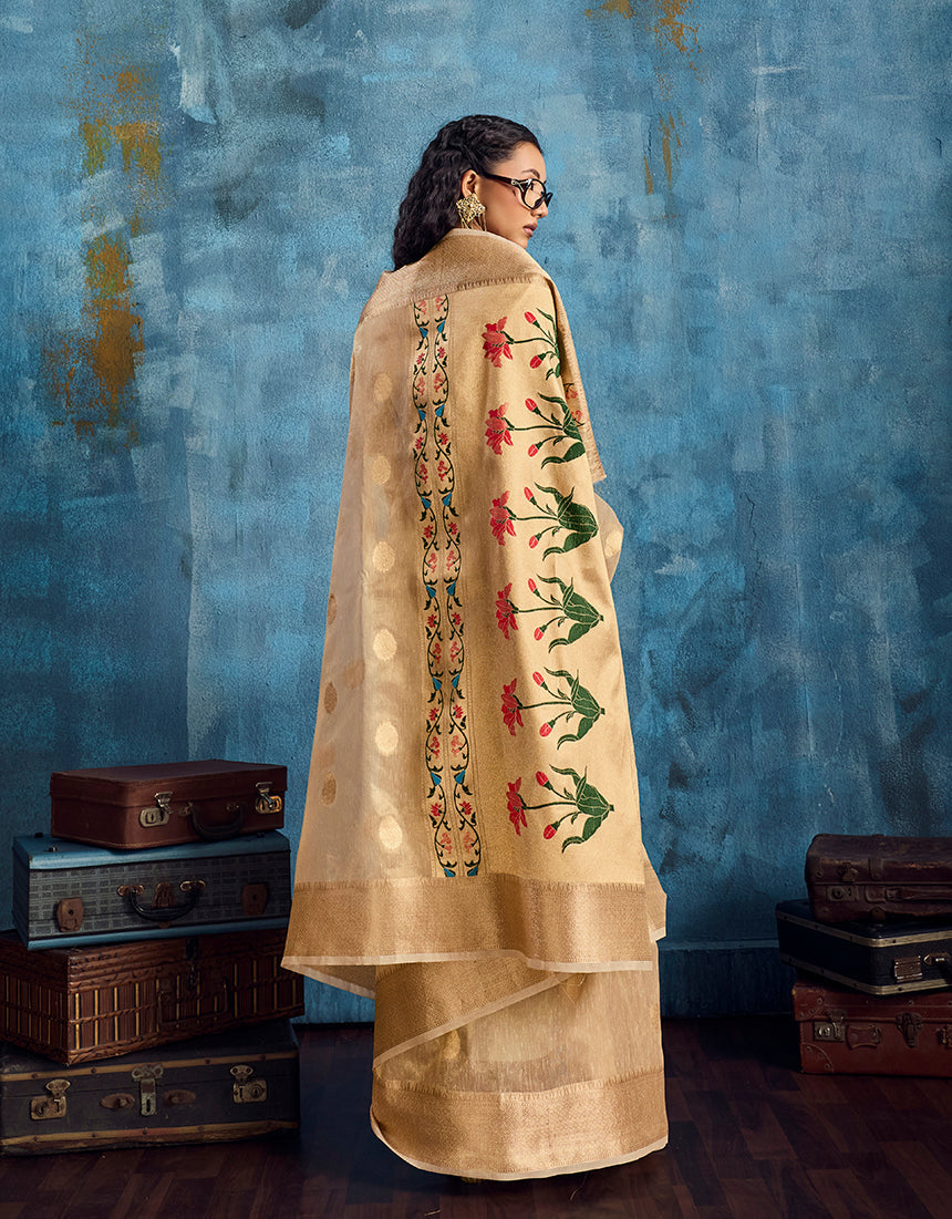 Monjolika Fashion Beige Paithani Tissue Handloom Weaving Saree