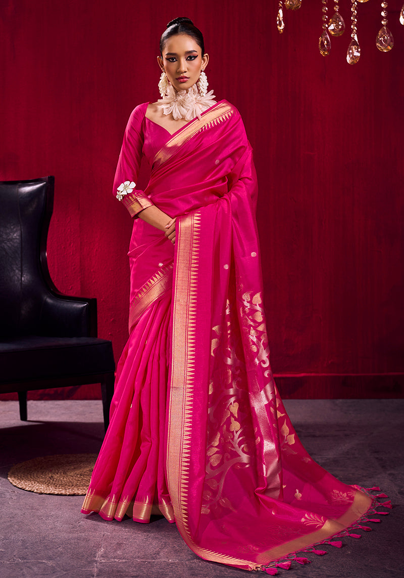 Monjolika Fashion Rani Pink Weaving Satin Linen Silk Saree