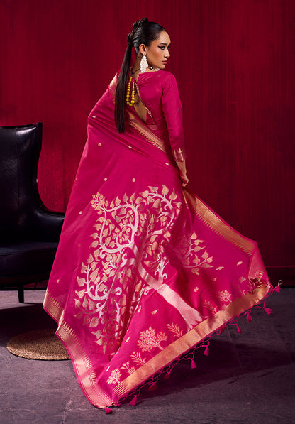 Monjolika Fashion Rani Pink Weaving Satin Linen Silk Saree