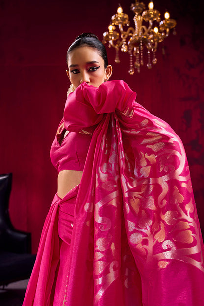 Monjolika Fashion Rani Pink Weaving Satin Linen Silk Saree
