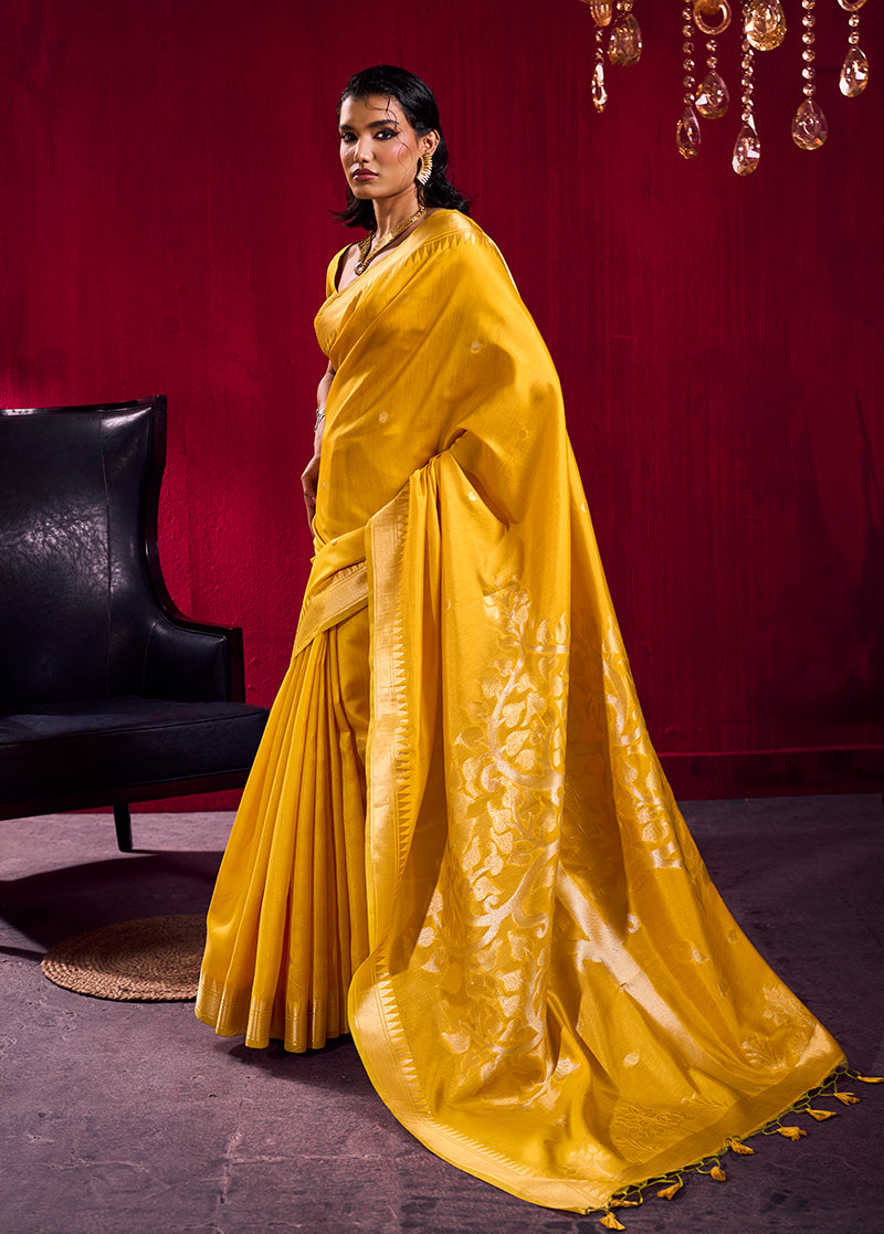 Monjolika Fashion Mustard Weaving Satin Linen Silk Saree