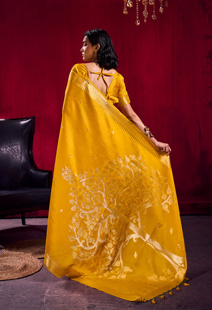 Monjolika Fashion Mustard Weaving Satin Linen Silk Saree