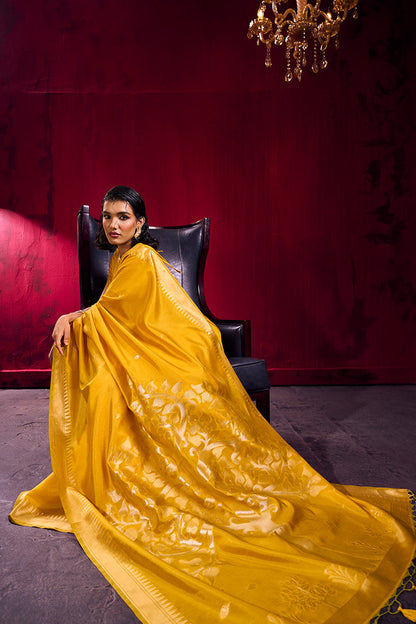 Monjolika Fashion Mustard Weaving Satin Linen Silk Saree
