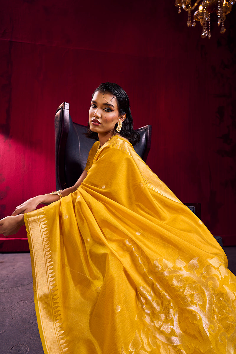 Monjolika Fashion Mustard Weaving Satin Linen Silk Saree