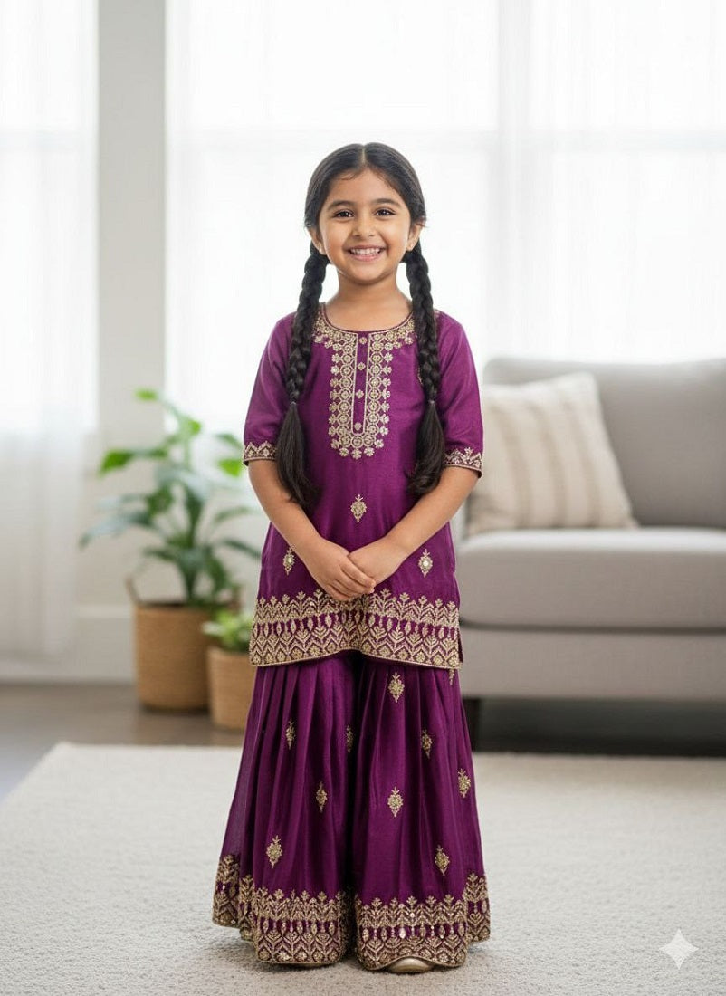 Evanik Purple Designer Party Wear Look Kids Top Sharara & Dupata