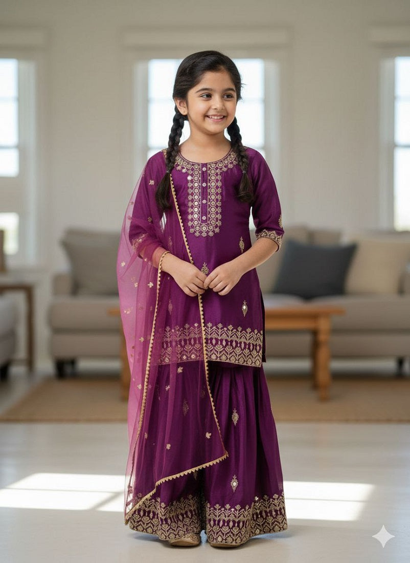 Evanik Purple Designer Party Wear Look Kids Top Sharara & Dupata
