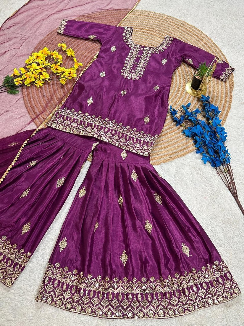 Evanik Purple Designer Party Wear Look Kids Top Sharara & Dupata