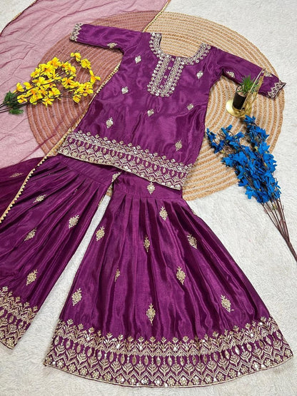 Evanik Purple Designer Party Wear Look Kids Top Sharara & Dupata