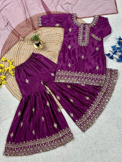 Evanik Purple Designer Party Wear Look Kids Top Sharara & Dupata