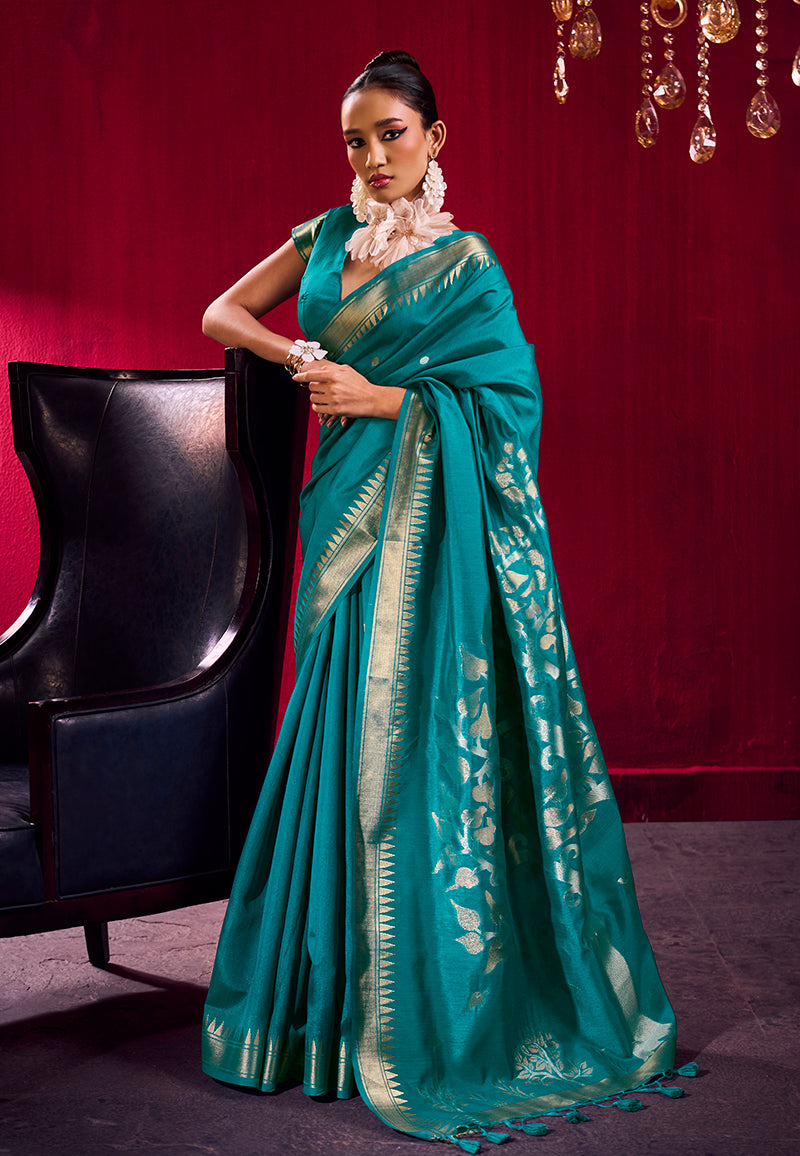 Monjolika Fashion Teal Weaving Satin Linen Silk Saree