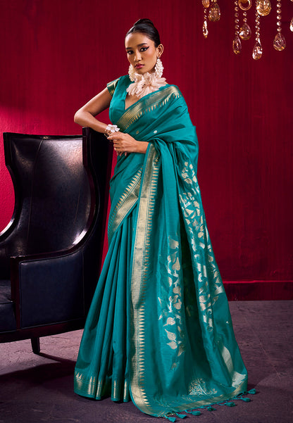 Monjolika Fashion Teal Weaving Satin Linen Silk Saree