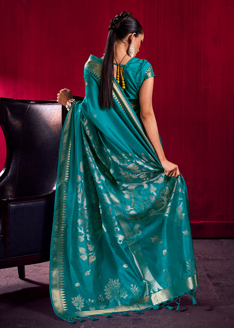 Monjolika Fashion Teal Weaving Satin Linen Silk Saree