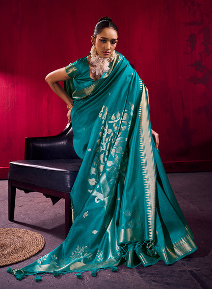 Monjolika Fashion Teal Weaving Satin Linen Silk Saree
