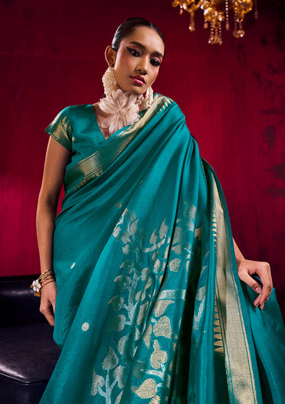 Monjolika Fashion Teal Weaving Satin Linen Silk Saree