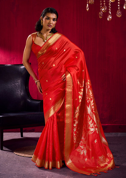 Monjolika Fashion Red Weaving Satin Linen Silk Saree