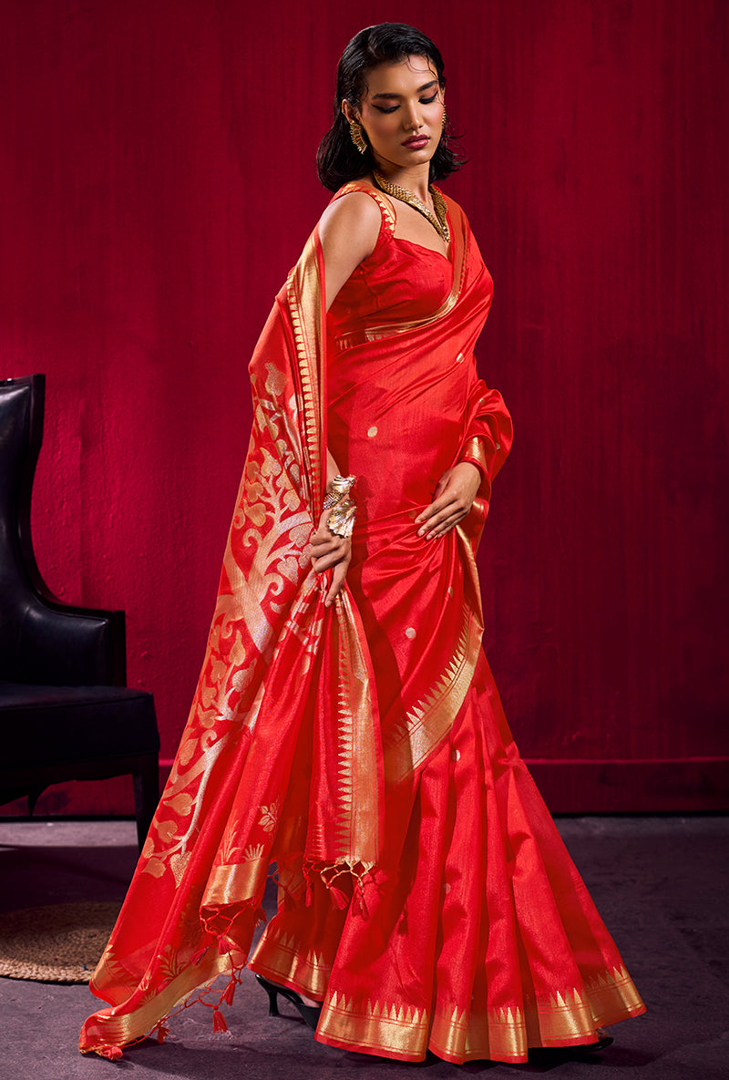 Monjolika Fashion Red Weaving Satin Linen Silk Saree