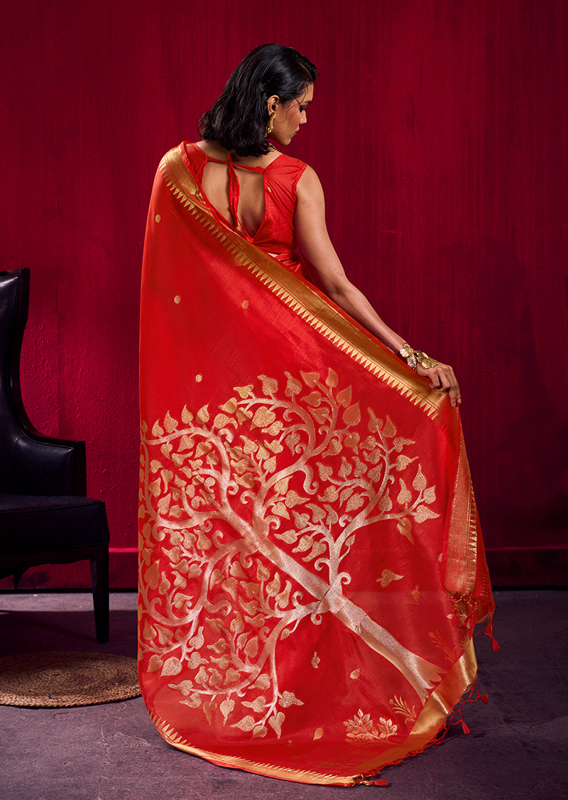 Monjolika Fashion Red Weaving Satin Linen Silk Saree