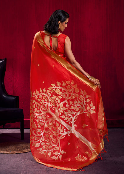 Monjolika Fashion Red Weaving Satin Linen Silk Saree