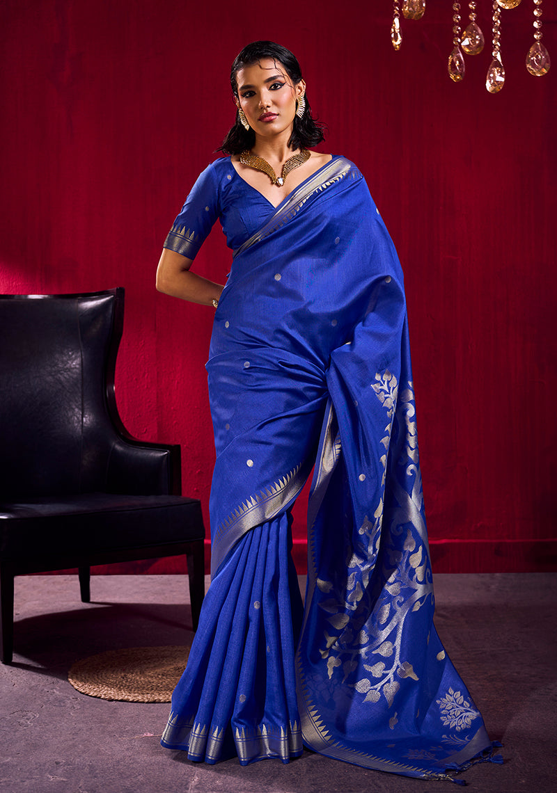 Monjolika Fashion Royal Blue Weaving Satin Linen Silk Saree