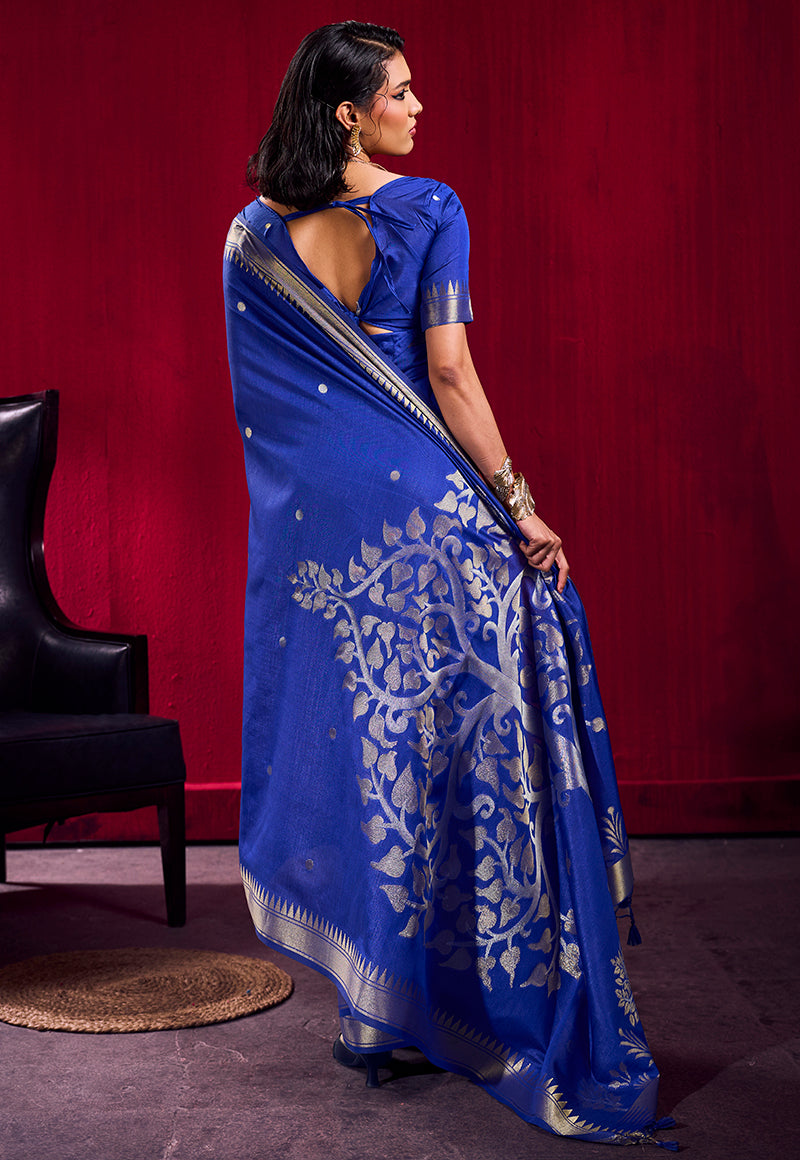 Monjolika Fashion Royal Blue Weaving Satin Linen Silk Saree