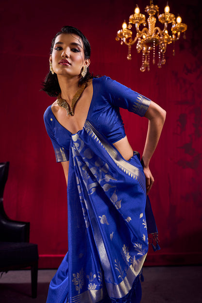 Monjolika Fashion Royal Blue Weaving Satin Linen Silk Saree