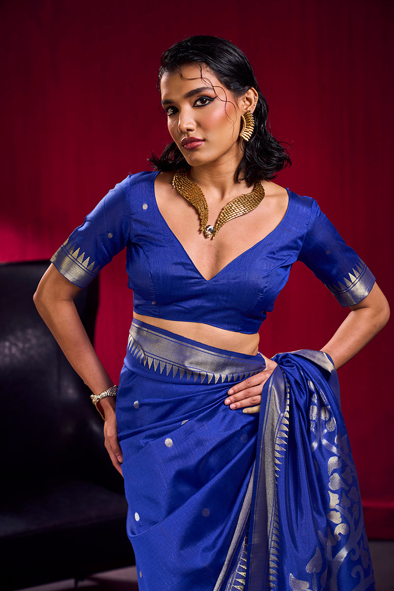 Monjolika Fashion Royal Blue Weaving Satin Linen Silk Saree